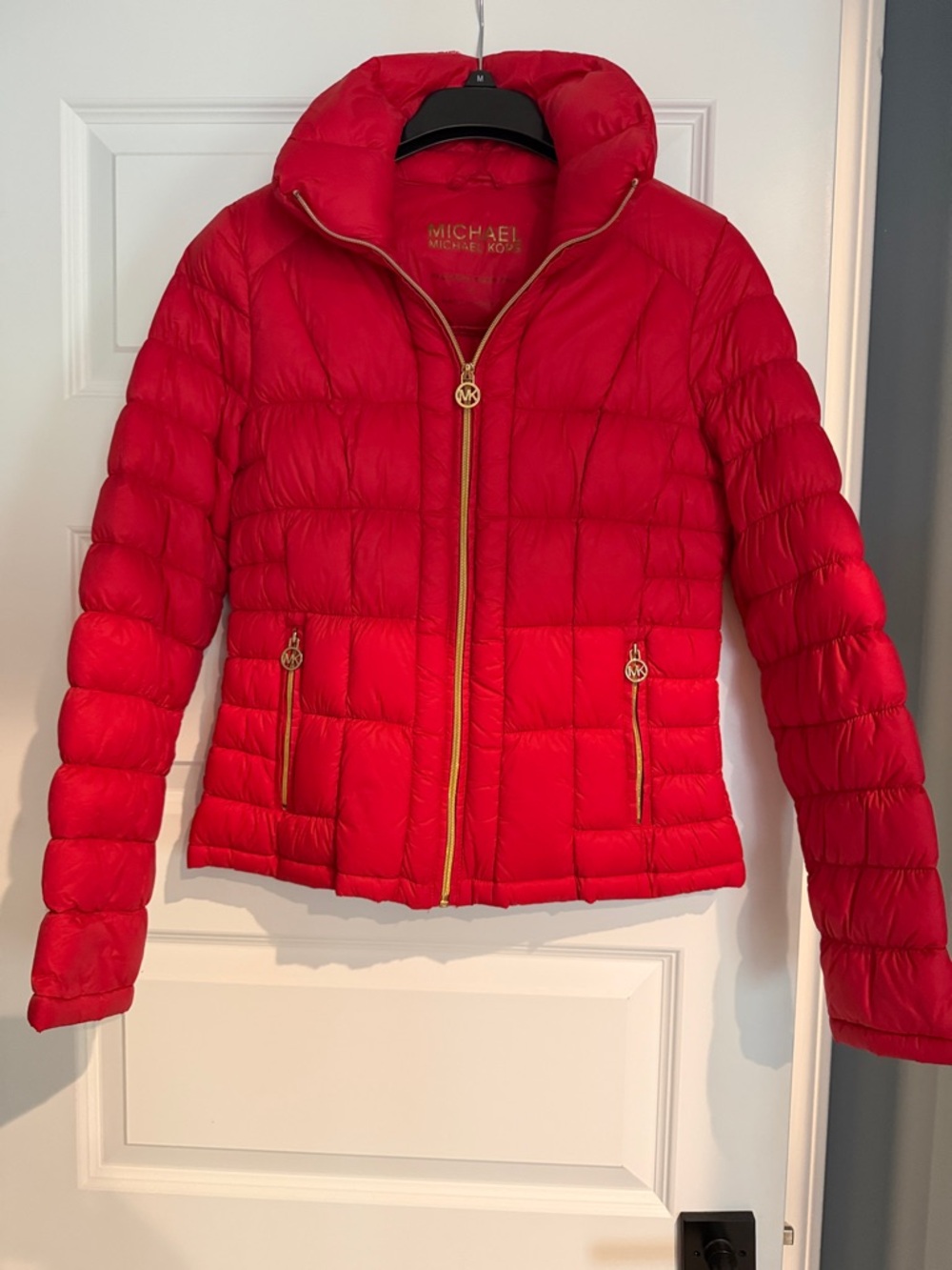 Michael Kors Bright Red Quilted Puffer Jacket with Gold Hardware